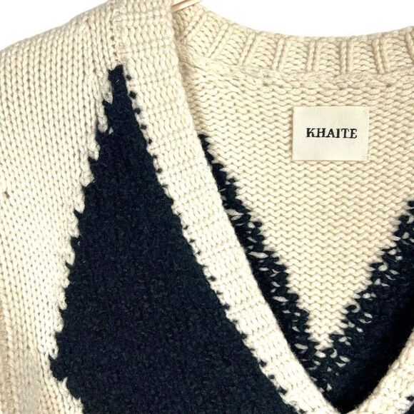 KHAITE The Valerie Argyle 100% Cashmere Academia Sweater Cream V Neck Size XS - Picture 9 of 12